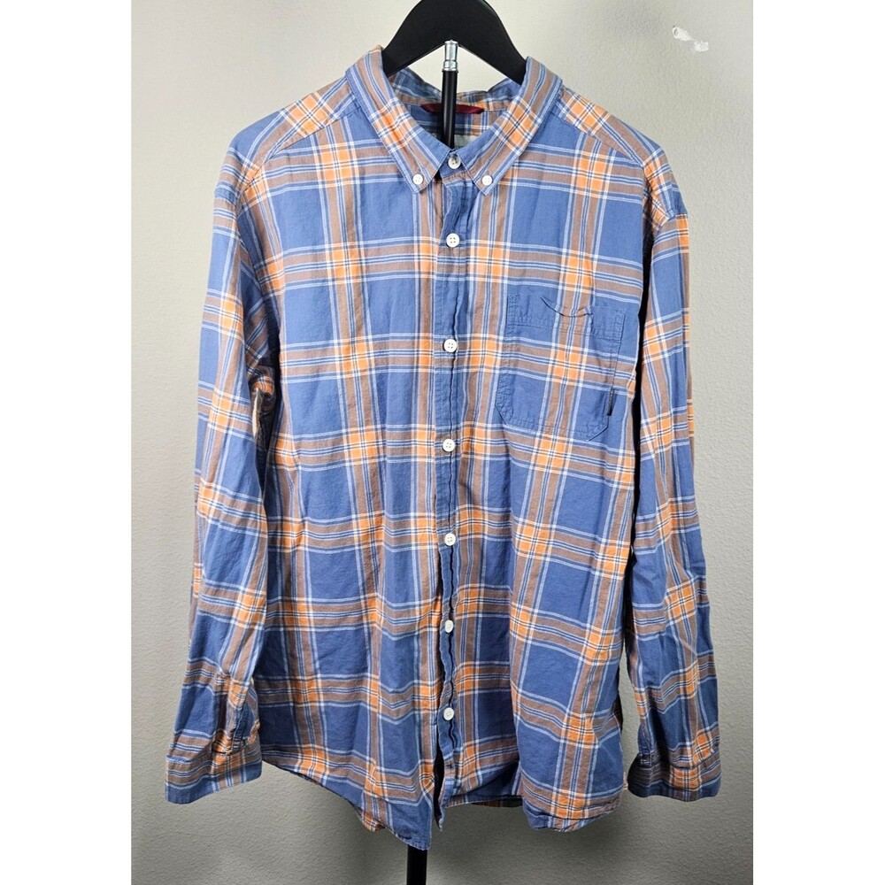 Columbia Sportswear Mens XL Blue Orange Plaid Button Front Shirt Cotton Hiking
